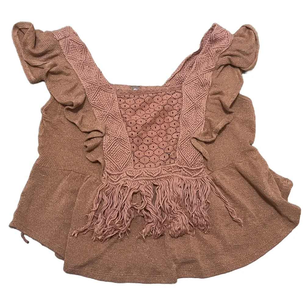 Free People Terracotta Crochet Macrame Fringe Ruffle Peplum Boho Top Women's XS